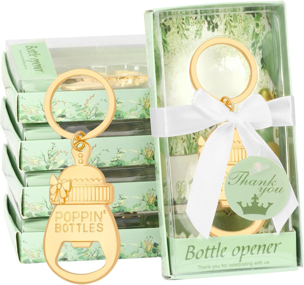 50Pcs Popping Bottle Openers Baby Shower Party Favors for Guests Bottle Opener Keychain Decorations and Souvenirs with Gift Box, for Gender Reveal Return Giveaways